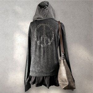 Paris Angel Hoodie Women’s M Gray Rhinestone Peace Zip Up Y2K Vintage 00s Style